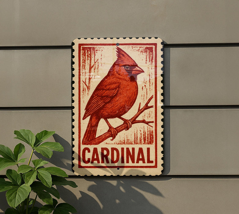 A red cardinal perched on a branch, with the word "CARDINAL" written below the bird.