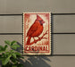 A red cardinal perched on a branch, with the word "CARDINAL" written below the bird.