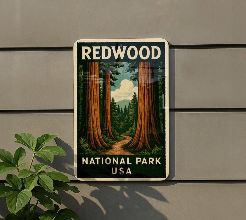 A vintage-style sign for Redwood National Park in the USA, featuring a scenic image of towering redwood trees and a winding path through the forest.