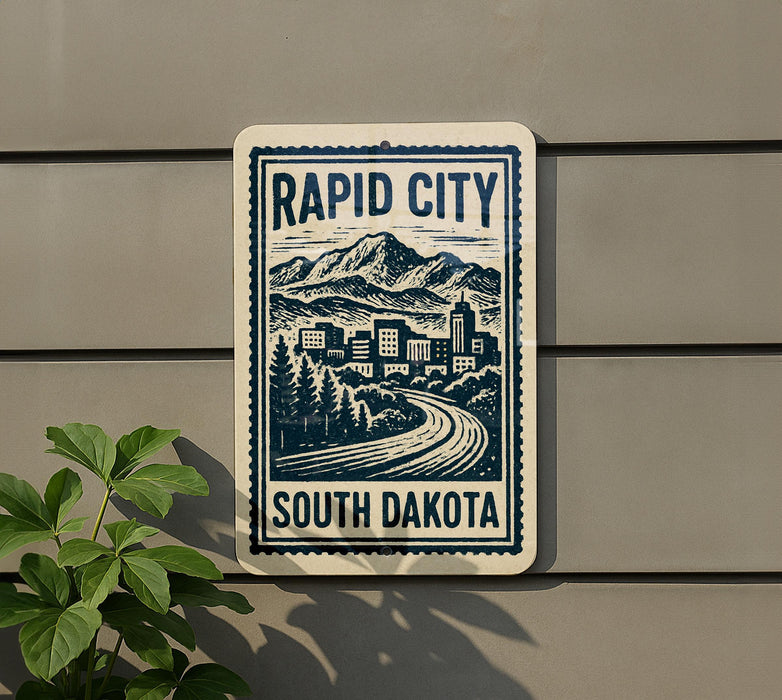 a sign for Rapid City, South Dakota, with a mountain landscape and a winding road.