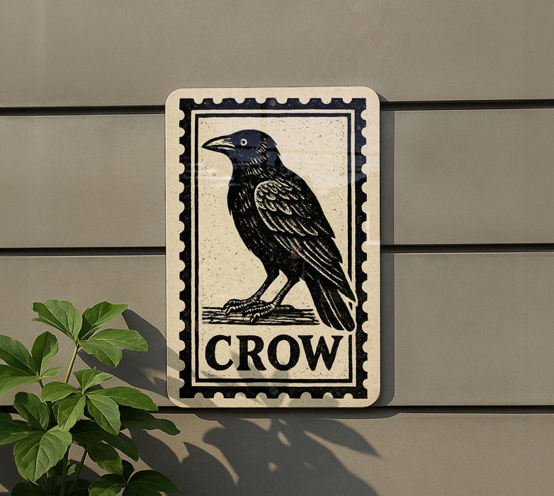a black and white sign with a crow illustration, mounted on a wall.