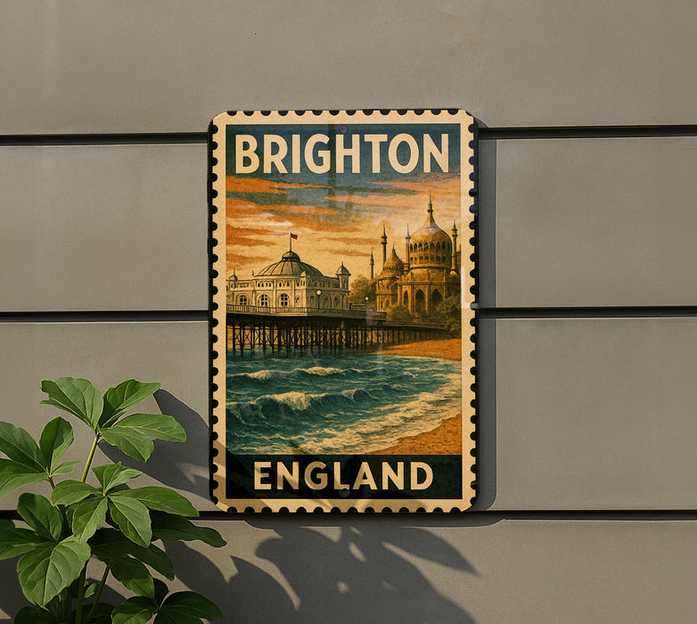 A vintage-style stamp or poster of Brighton, England, featuring a coastal scene with a pier and buildings, is displayed on a wall.