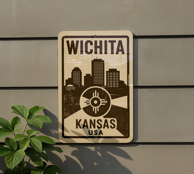 A sign displaying the name "WICHITA" and "KANSAS USA" with a graphic of a city skyline.