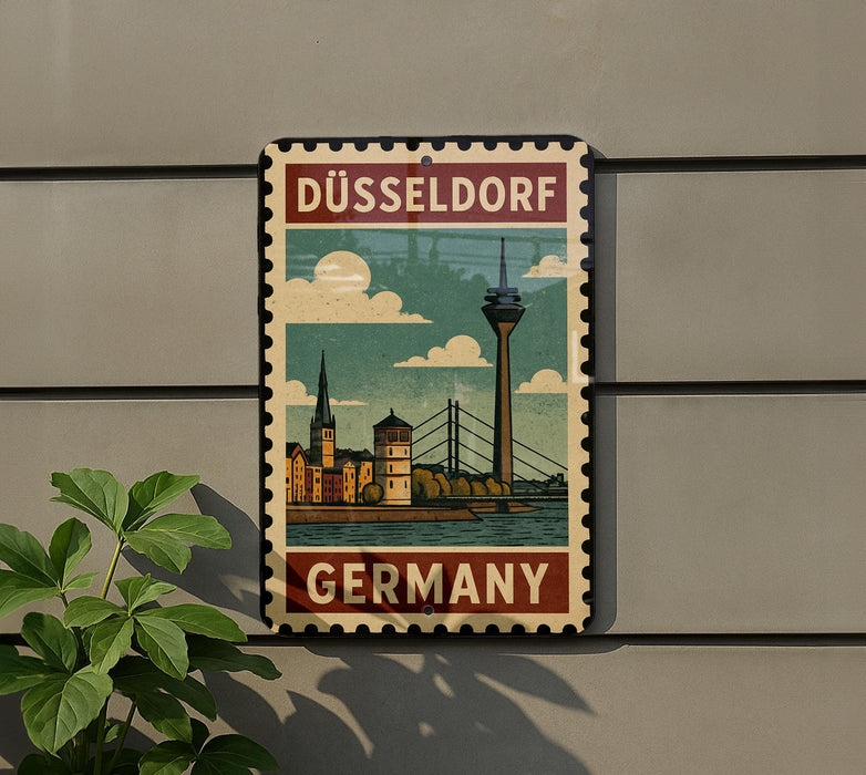 A vintage-style metal sign with a postage stamp design, featuring a cityscape and a tower, mounted on a wall.