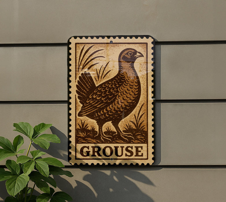 a postage stamp-like sign with a bird illustration, mounted on a wall next to a plant.