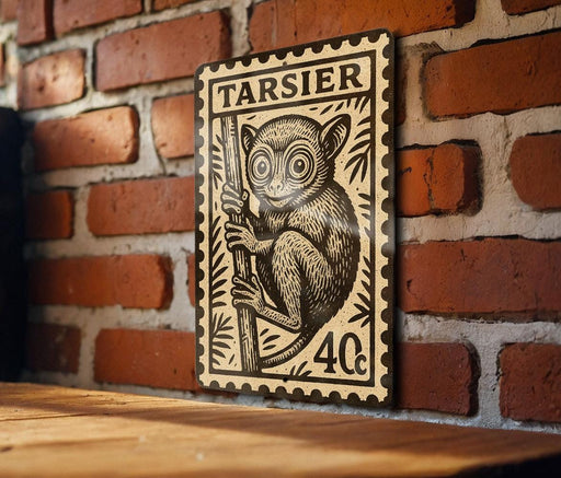 A wooden table with a decorative metal plaque featuring a monkey illustration on it, mounted on a brick wall.