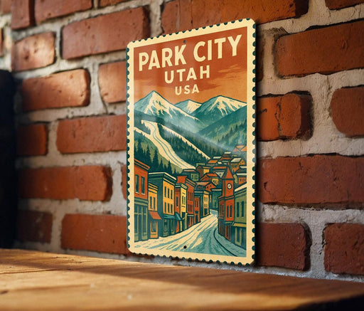 A vintage-style metal sign with a mountain landscape and a small town in the background, mounted on a brick wall.