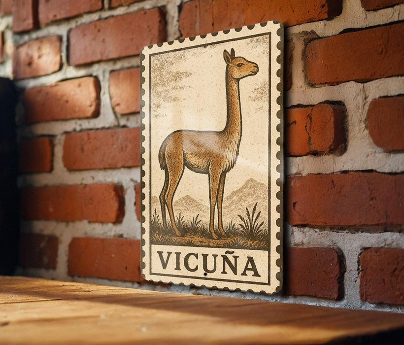 a wooden table with a framed illustration of a llama on it, mounted on a brick wall.