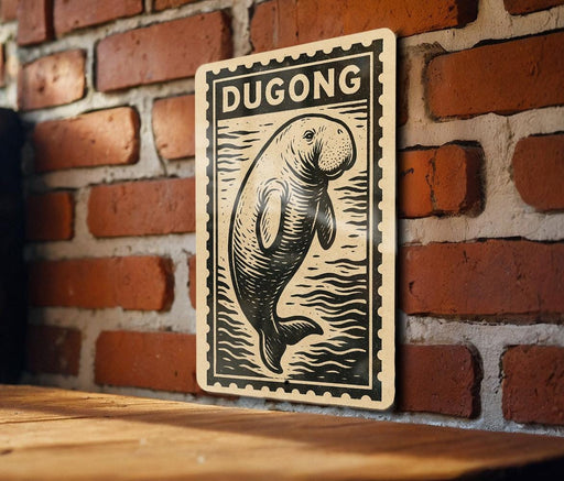 A wooden table with a decorative sign featuring a drawing of a dugout or dugout-like structure, mounted on a brick wall.