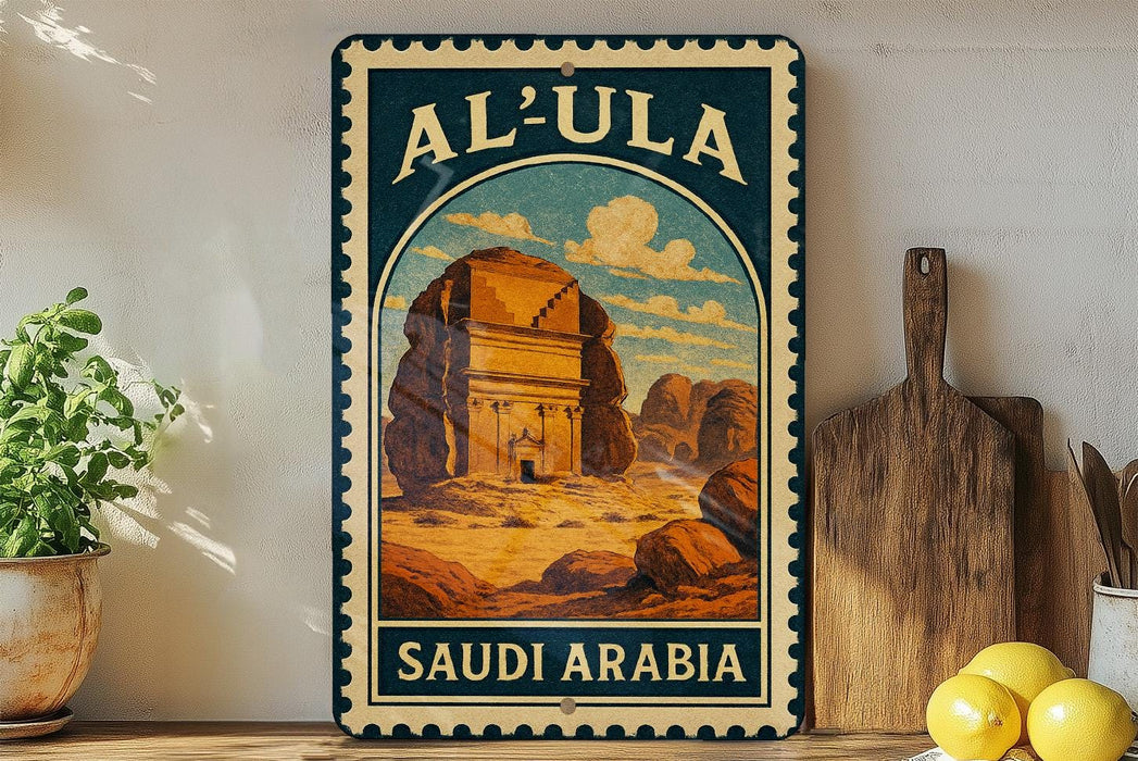 A vintage-style metal sign with the text "AL-ULA SAUDI ARABIA" and an illustration of a desert landscape with a temple or monument in the background.