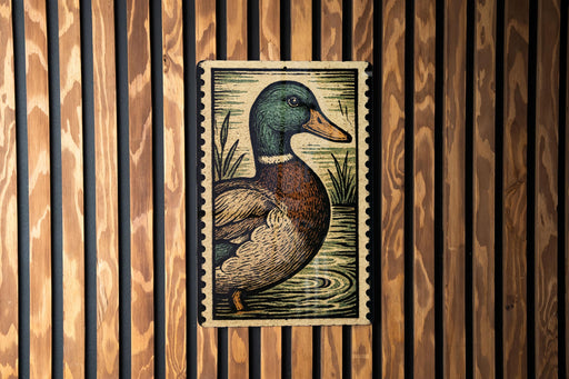 A framed illustration of a duck is displayed on a wooden wall.