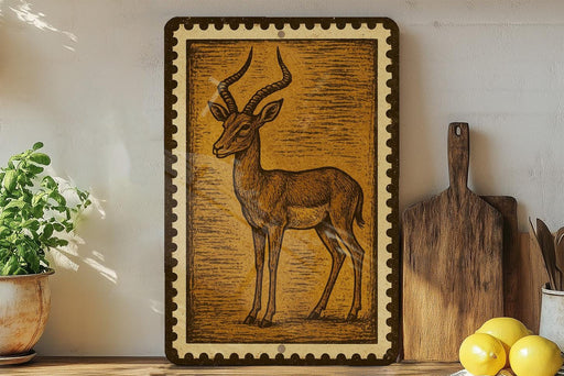 a framed illustration of a gazelle or antelope, which is the central focus of the scene. The gazelle is depicted in a detailed and realistic manner, with its distinctive curved horns and elegant posture. The gazelle is surrounded by various kitchen utensils and items, such as a wooden cutting board, a knife, a spoon, and a bowl. Additionally, there are some lemons placed nearby, adding a touch of color and freshness to the scene.