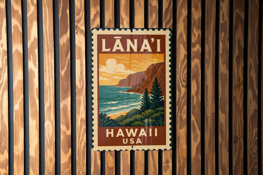 A vintage-style metal sign with the text "LANA'I" and "HAWAII" printed on it, hanging on a wooden wall.