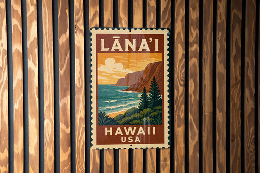 A vintage-style metal sign with the text "LANA'I" and "HAWAII" printed on it, hanging on a wooden wall.