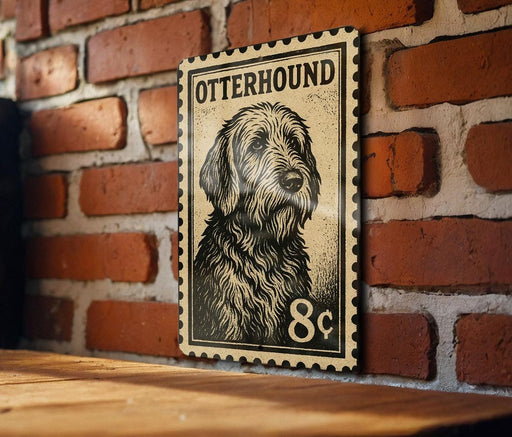 A wooden table with a brick wall in the background, and a framed image of a dog on the wall.