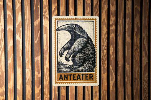 a sign with the word "ANTEATER" on it, which is mounted on a wooden wall.