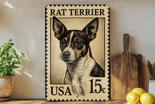 A metal sign featuring a black and white illustration of a Rat Terrier dog, with the text "RAT TERRIER" and "USA 15¢" printed on it. The sign is placed on a wooden surface, with a potted plant, a wooden cutting board, and some lemons nearby.