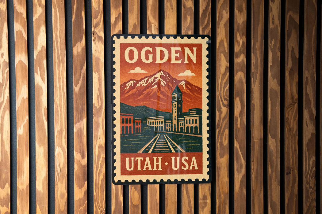A vintage-style postage stamp featuring a mountain landscape with a clock tower, mounted on a wooden wall.