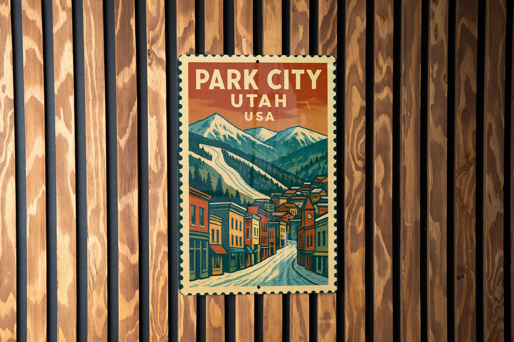 A vintage-style postage stamp depicting a town in Utah, USA, with mountains in the background.