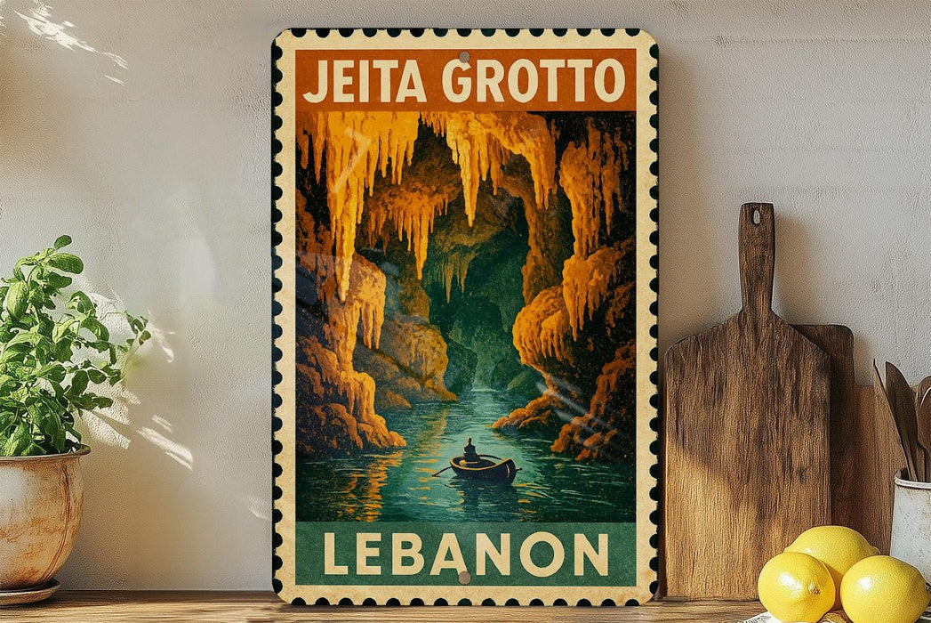 A framed poster of a cave scene with a person in a boat, depicting Jeita Grotto, a famous underwater cave system in Lebanon.