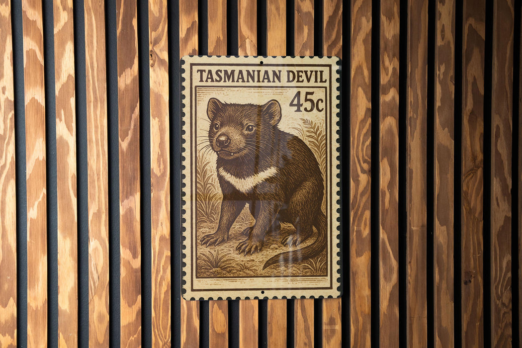 A postage stamp featuring a Tasmanian Devil, a small marsupial native to Australia.