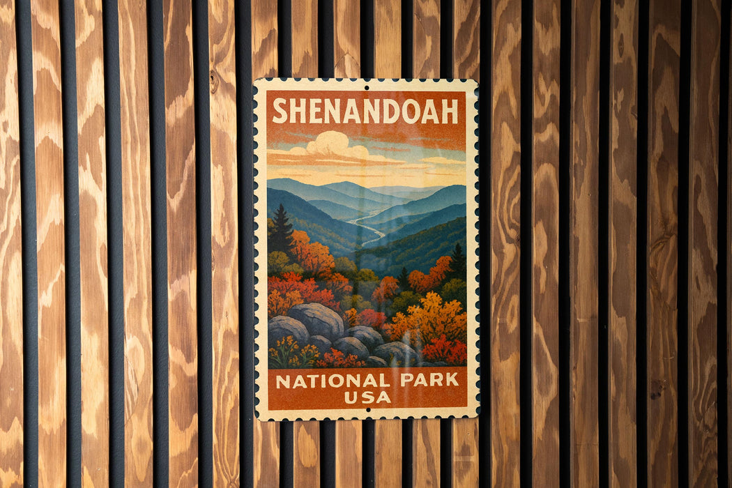 A vintage-style postage stamp from the National Park of the United States, featuring a scenic mountain landscape with autumn foliage.