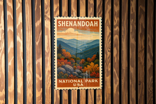 A vintage-style postage stamp from the National Park of the United States, featuring a scenic mountain landscape with autumn foliage.