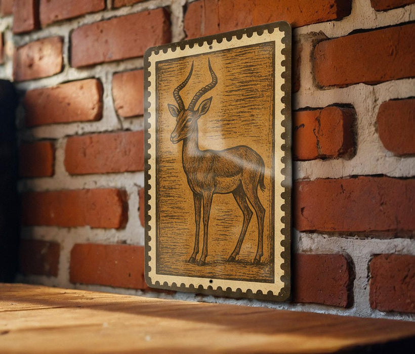 a wooden table with a framed illustration of a gazelle or antelope on it, mounted on a brick wall.