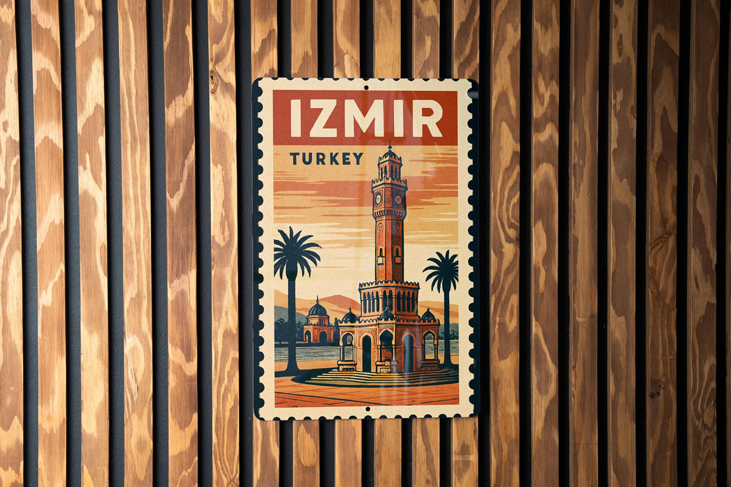 A vintage-style poster of the Izmir Tower, a famous landmark in Turkey, is displayed on a wooden wall.