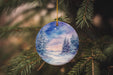 a glass ornament hanging from a christmas tree