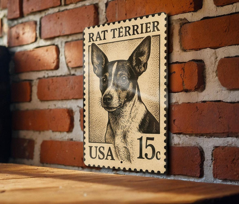 A framed image of a rat terrier dog is displayed on a brick wall, with a US postage stamp in the foreground.