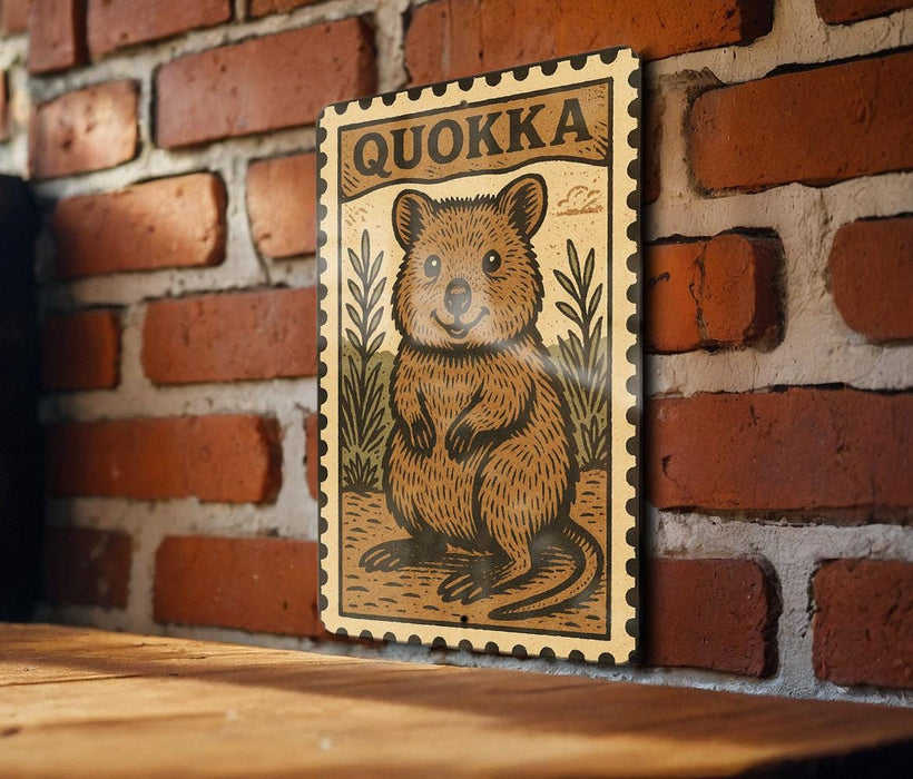 A wooden table with a framed illustration of a quokka, a small marsupial, on a brick wall.