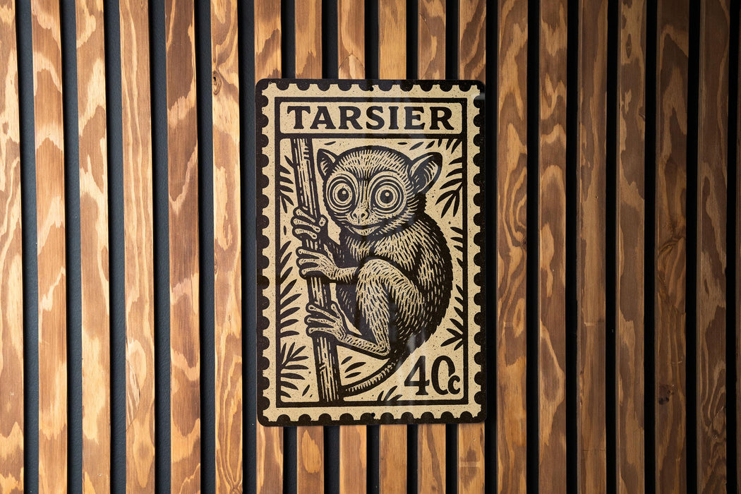A wooden wall with a framed stamp featuring a monkey.