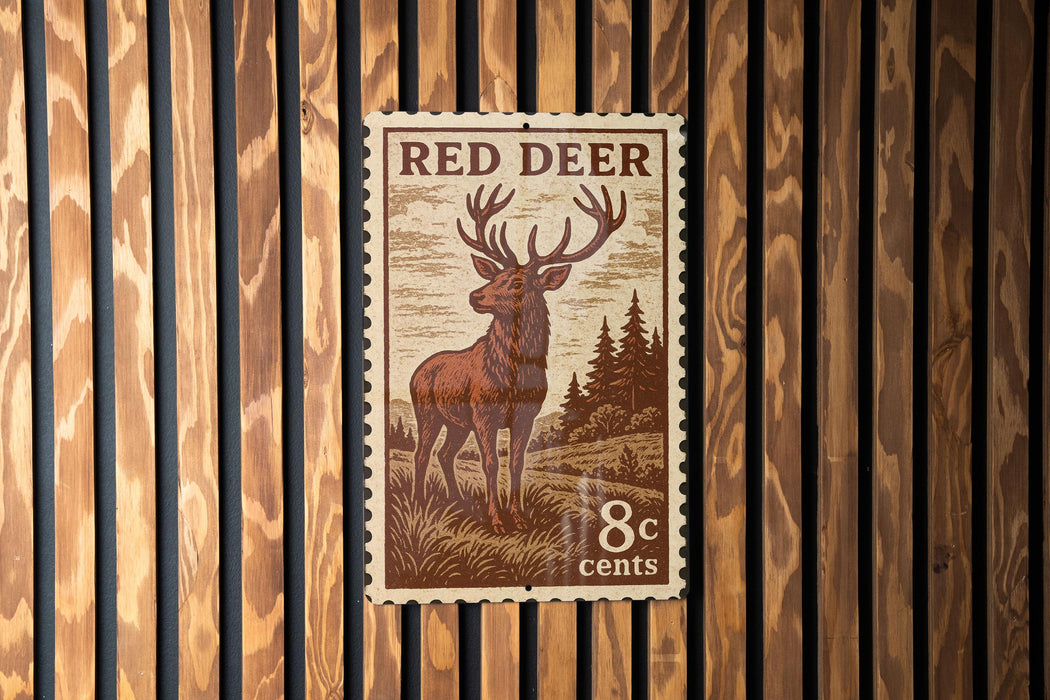 A postage stamp featuring a red deer, with the text "RED DEER" and "8cents" printed on it.