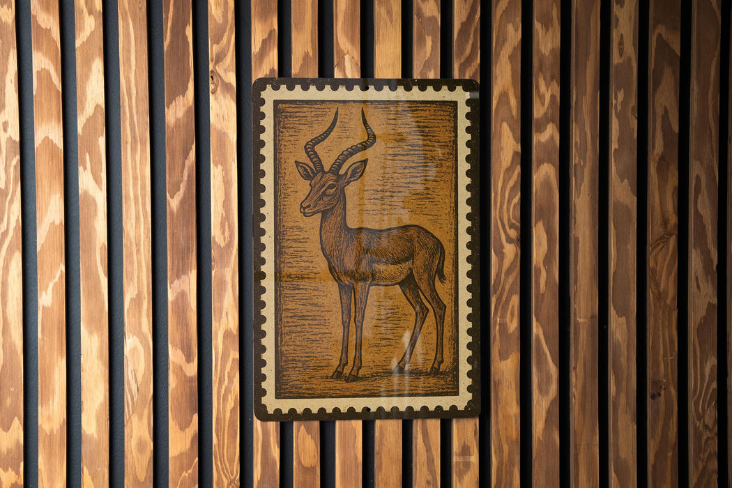 a wooden wall with a framed illustration of a gazelle or antelope, which appears to be a decorative piece.
