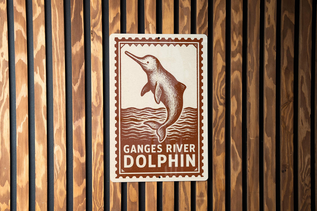 A sign with a dolphin illustration and the text "Ganges River Dolphin" is displayed on a wooden wall.