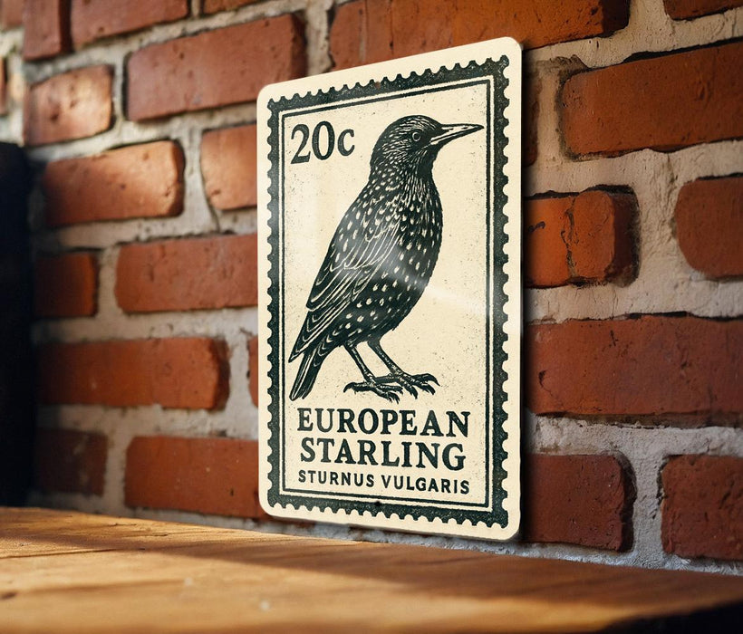 A 20 cent European starling postage stamp is displayed on a brick wall.