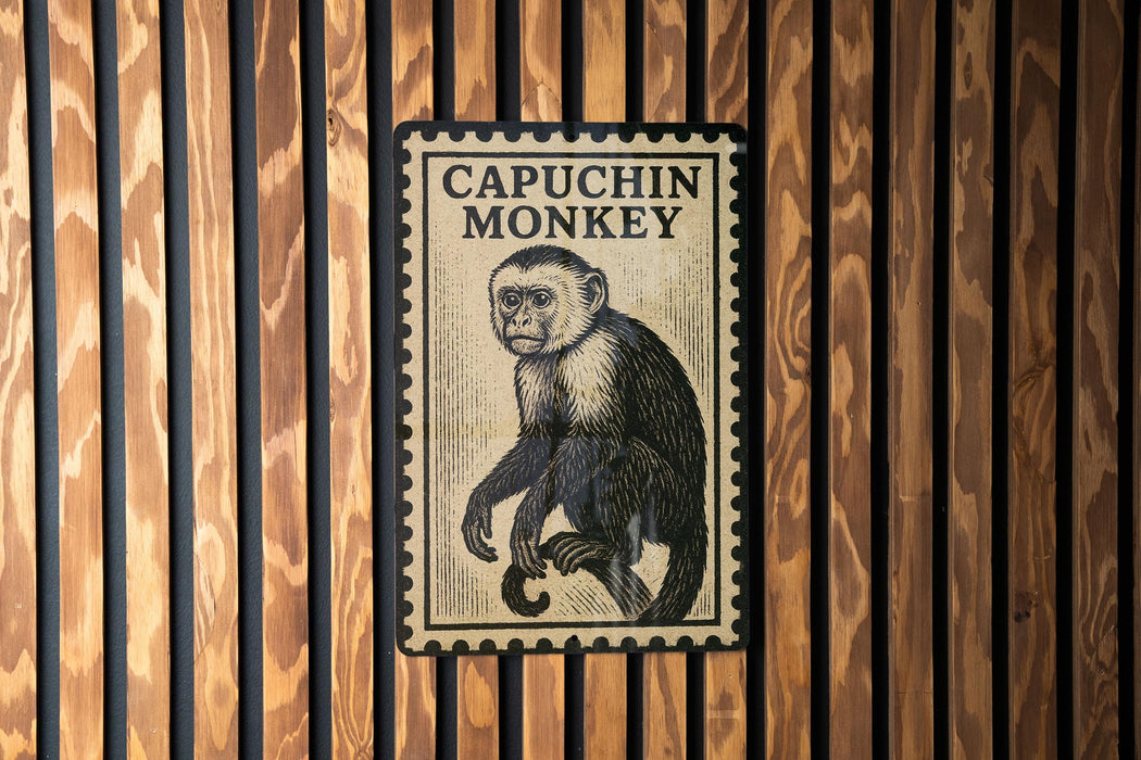 A sign with the text "CAPUCHIN MONKEY" and an illustration of a capuchin monkey is displayed on a wooden wall.