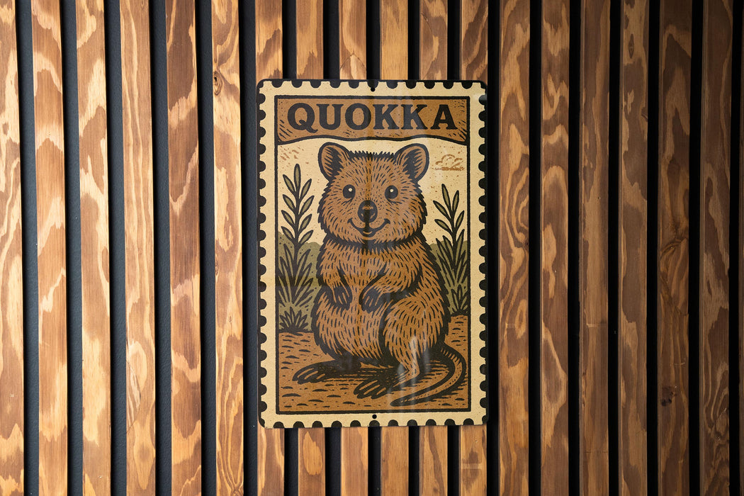 A poster of a quokka, a small marsupial, is displayed on a wooden wall.