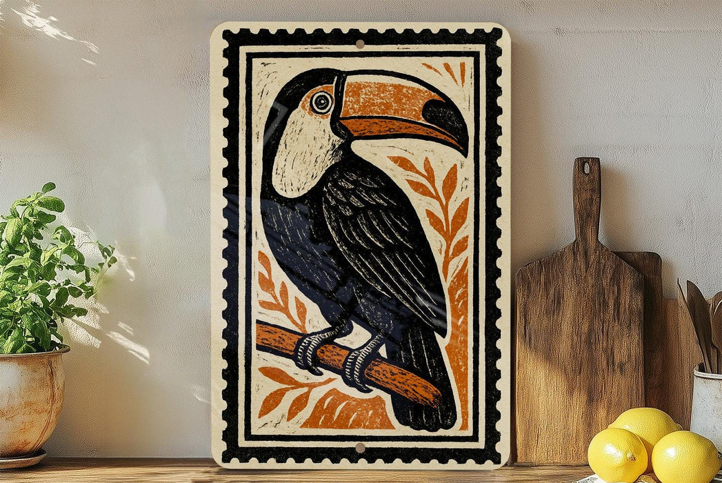 a wooden cutting board with a decorative plate featuring a colorful illustration of a toucan perched on it.