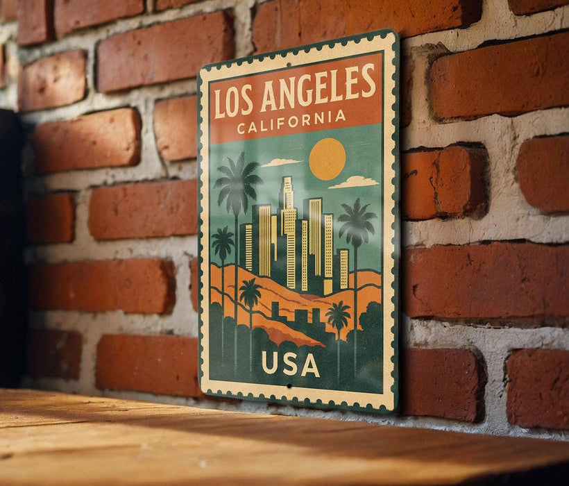 A vintage-style metal sign with a cityscape and palm trees, mounted on a brick wall.