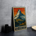 A metal sign with a mountain illustration and the text "MATTERHORN SWITZERLAND" is displayed on a table.