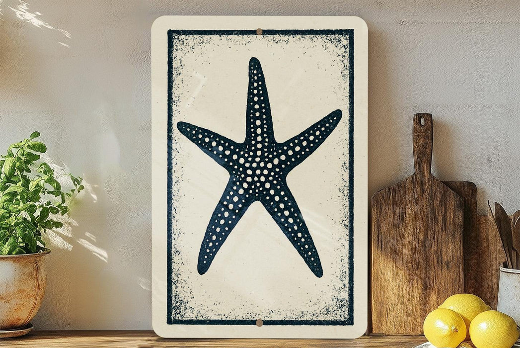 a framed artwork of a starfish on a shelf, with a wooden cutting board and a potted plant nearby.