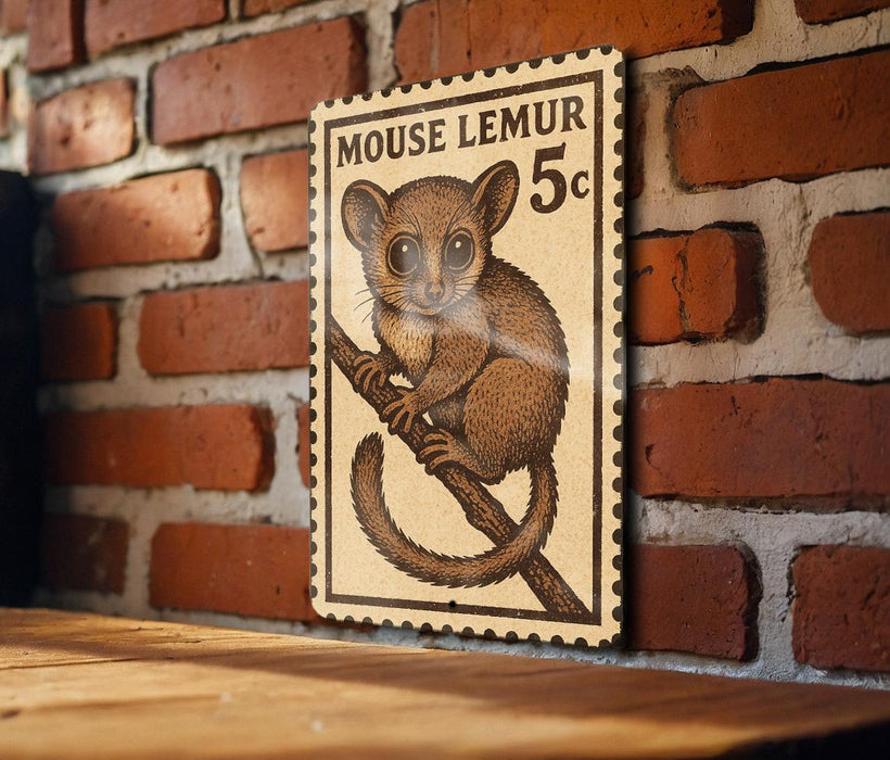 A wooden table with a brick wall in the background, and a framed image of a brown mouse on a branch hanging on the wall.