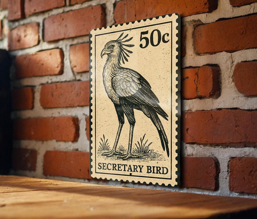 a 50c postage stamp with a drawing of a bird, specifically a Secretary Bird, mounted on a brick wall.