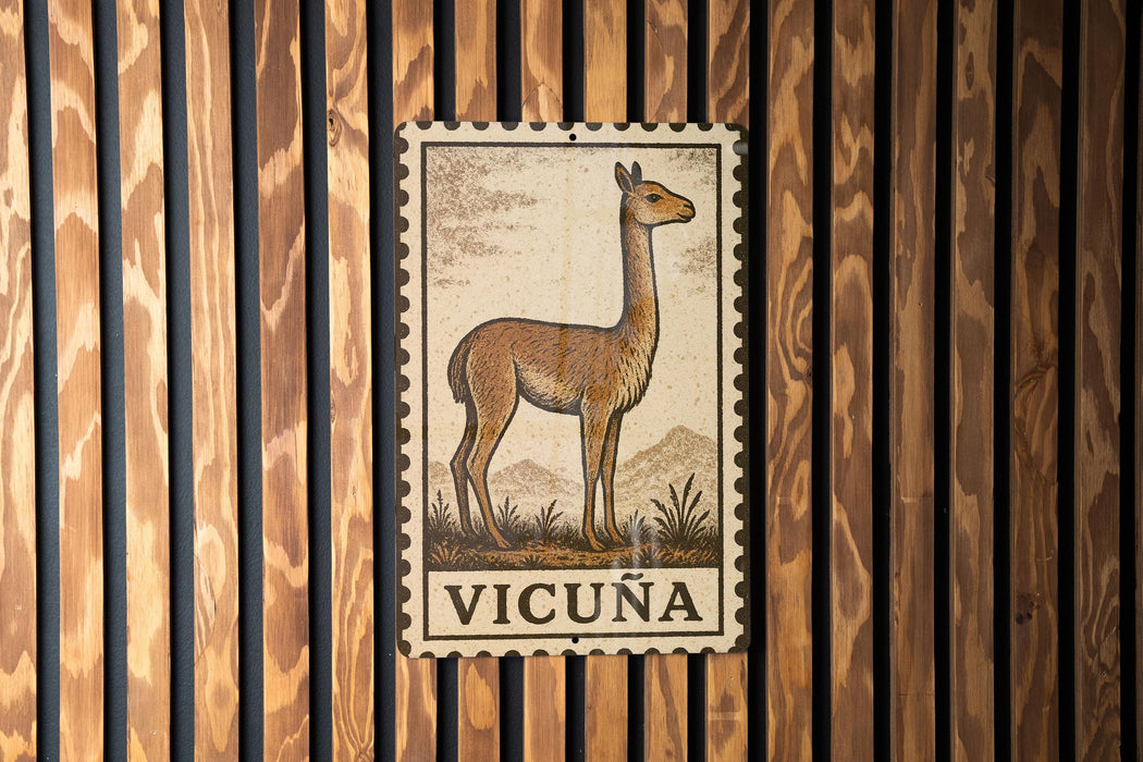 a wooden wall with a framed illustration of a llama, which is the main focus of the image.