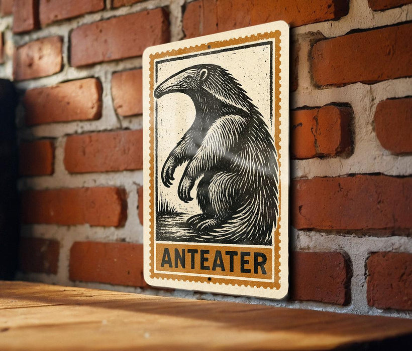 A metal sign featuring an illustration of an ant eater is mounted on a brick wall.