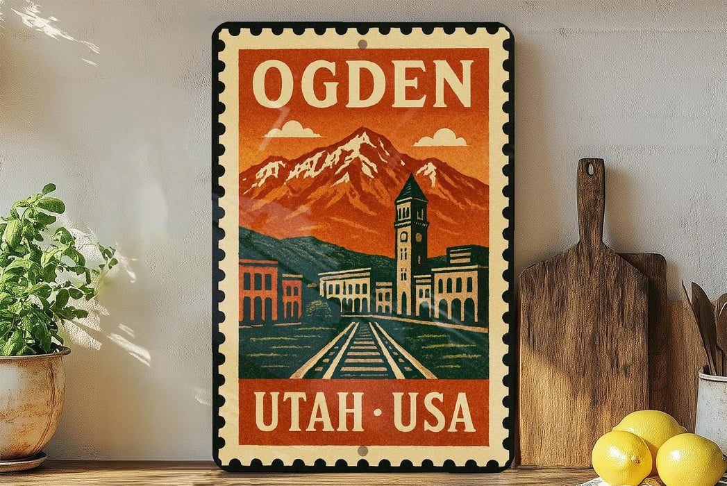 A vintage-style metal sign with the text "OGDEN UTAH USA" and an illustration of a mountain and city, placed on a wooden surface next to a wooden cutting board and a potted plant.