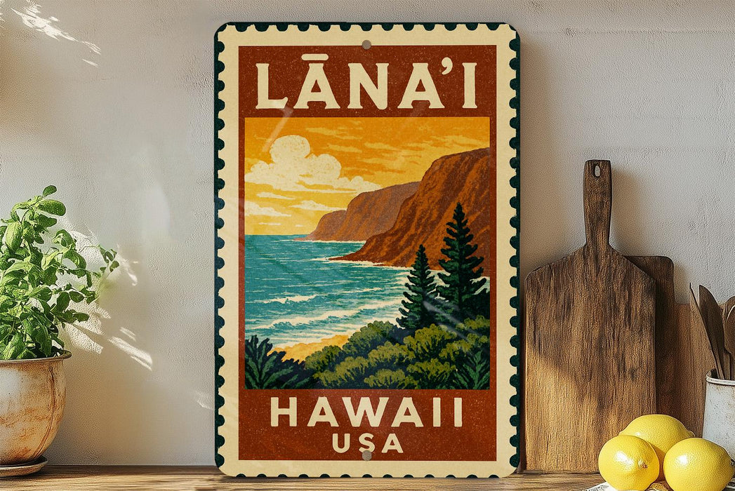 A vintage-style metal sign with a tropical landscape depicting a beach, mountains, and ocean, along with the text "LÁNAI'I HAWAII" and "HAWAII, USA".