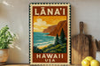 A vintage-style metal sign with a tropical landscape depicting a beach, mountains, and ocean, along with the text "LÁNAI'I HAWAII" and "HAWAII, USA".